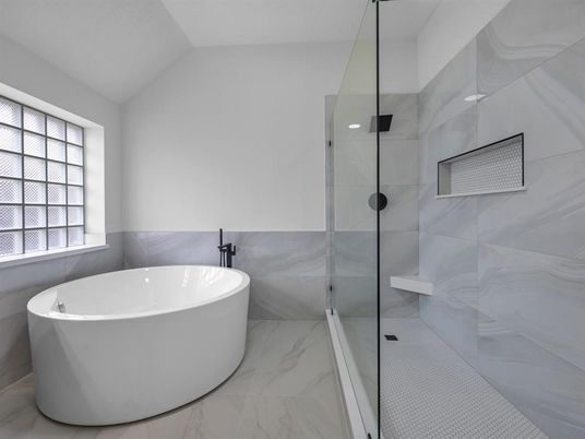 Bathroom, Free Standing Baths, Glass Shower, Interior, Marble