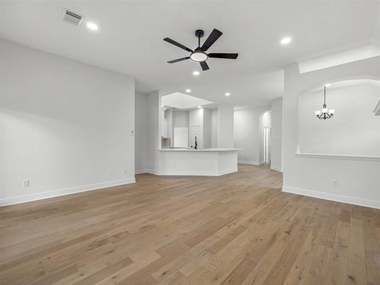 Chandelier, Empty room, Interior, Kitchen, Recessed Lighting, Wood Texture Flooring