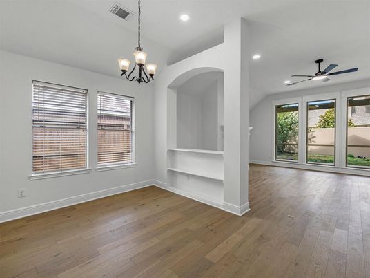 Chandelier, Empty room, Interior, Recessed Lighting, Wood Texture Flooring