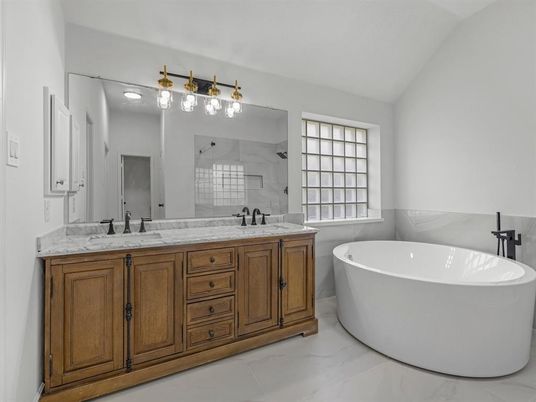 Bathroom, Dual Sink Vanities, Free Standing Baths, Interior, Marble