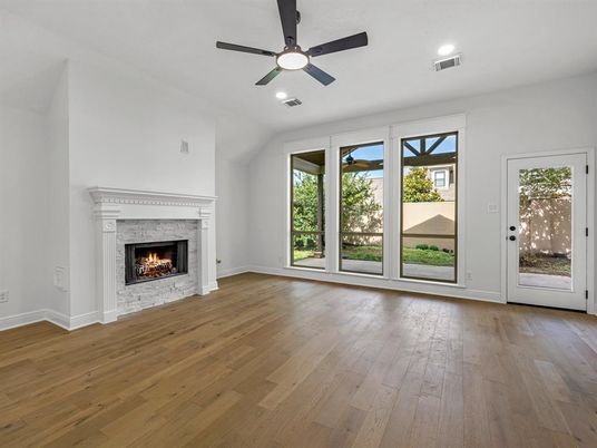 Empty room, Fireplace, Interior, Recessed Lighting, Wood Texture Flooring
