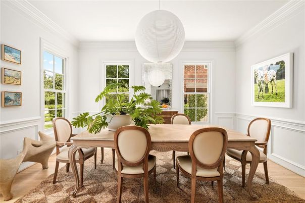Dining room, Interior, Pendant Lights, Wood Texture Flooring