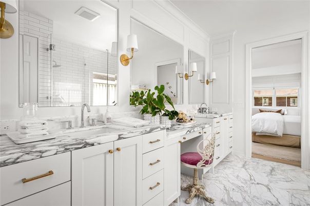 Bathroom, Dual Sink Vanities, Glass Shower, Interior, Marble