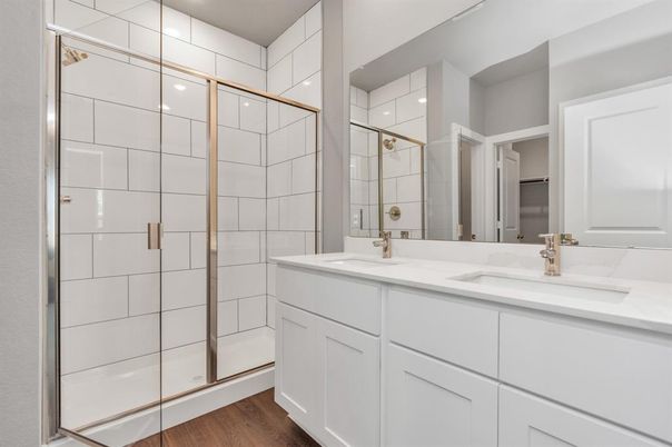 Bathroom, Dual Sink Vanities, Glass Shower, Interior, Wood Texture Flooring