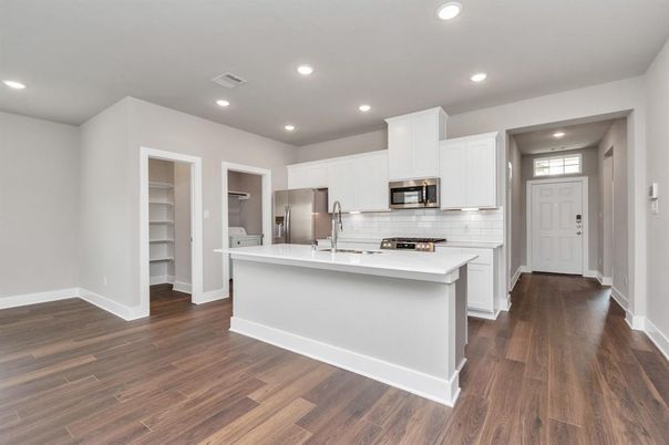 Interior, Kitchen, Recessed Lighting, Stainless Steel Appliances, Wood Texture Flooring