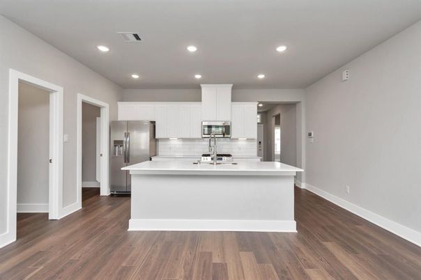 Interior, Kitchen, Recessed Lighting, Stainless Steel Appliances, Wood Texture Flooring
