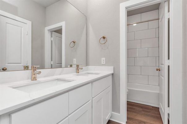 Bathroom, Dual Sink Vanities, Glass Shower, Interior, Wood Texture Flooring