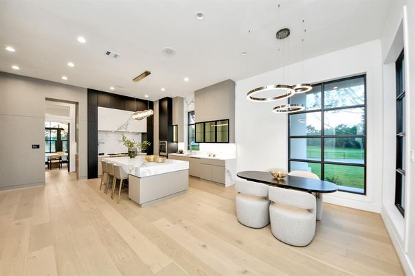 Dining room, Interior, Kitchen, Marble Walls, Pendant Lights, Recessed Lighting, Wood Texture Flooring