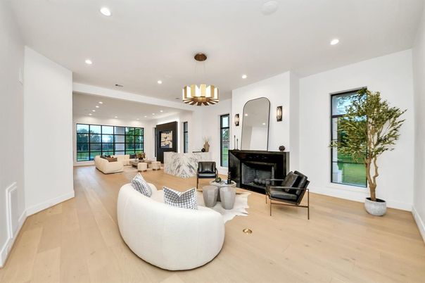 Fireplace, Interior, Living room, Pendant Lights, Recessed Lighting, Wood Texture Flooring