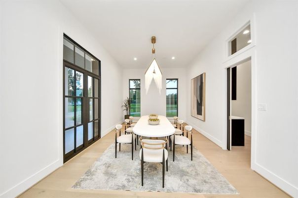 Dining room, Interior, Pendant Lights, Recessed Lighting, Wooden Beams, Wood Texture Flooring