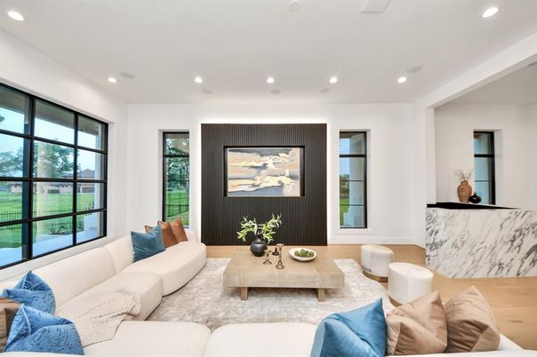 Interior, Living room, Marble Walls, Recessed Lighting, Wood Texture Flooring