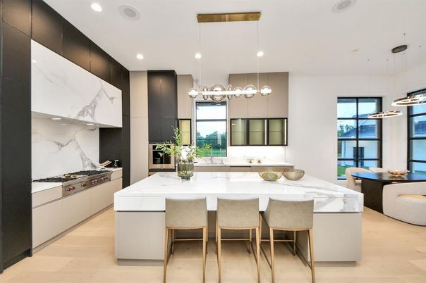 Interior, Kitchen, Marble Walls, Pendant Lights, Recessed Lighting, Stainless Steel Appliances