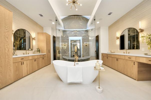 Bathroom, Dual Sink Vanities, Free Standing Baths, Glass Shower, Interior, Recessed Lighting