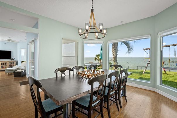 Chandelier, Dining room, Interior, Recessed Lighting, Water, Wood Texture Flooring