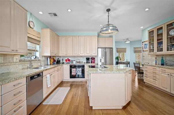 Interior, Kitchen, Pendant Lights, Recessed Lighting, Stainless Steel Appliances, Wood Texture Flooring
