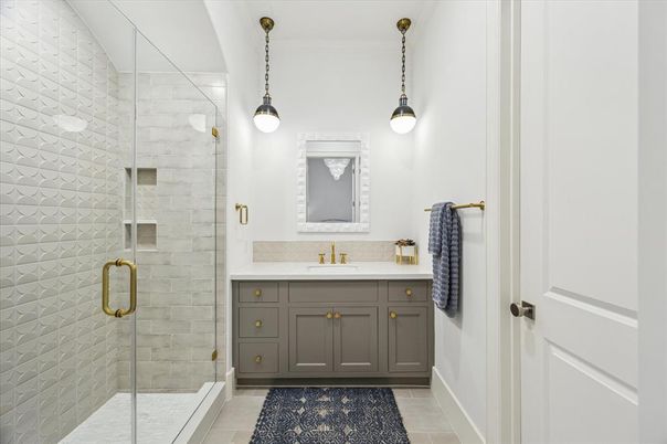 Bathroom, Glass Shower, Interior, Pendant Lights
