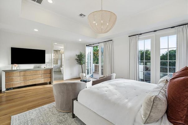 Bedroom, Chandelier, Interior, Recessed Lighting, Wood Texture Flooring