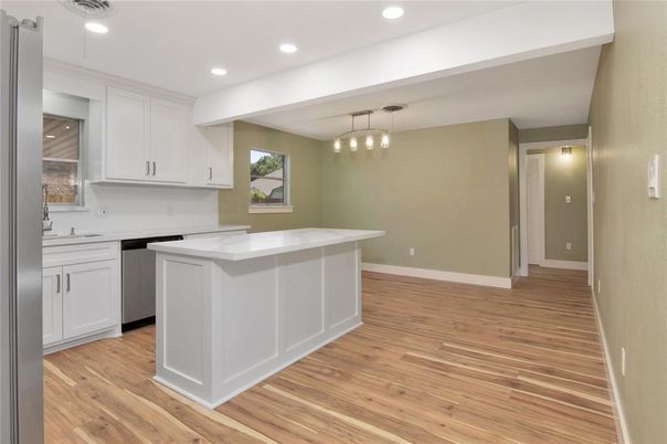 Interior, Kitchen, Pendant Lights, Recessed Lighting, Wood Texture Flooring