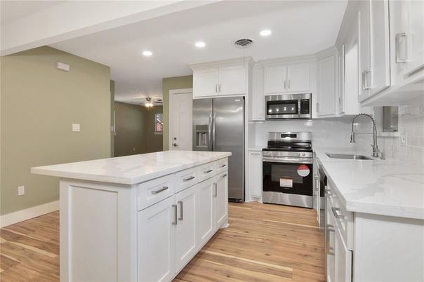 Interior, Kitchen, Recessed Lighting, Stainless Steel Appliances, Wood Texture Flooring