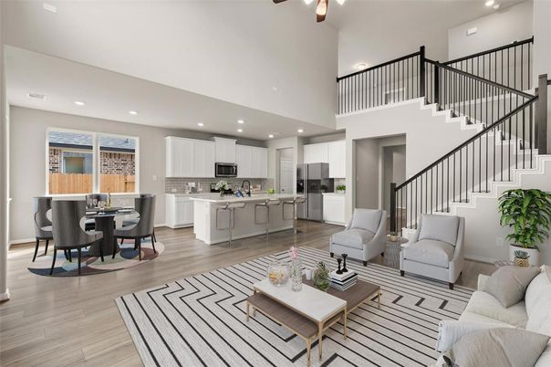 Dining room, Interior, Kitchen, Living room, Recessed Lighting, Stainless Steel Appliances, Wood Texture Flooring