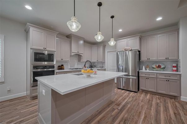 Interior, Kitchen, Pendant Lights, Recessed Lighting, Stainless Steel Appliances, Wood Texture Flooring