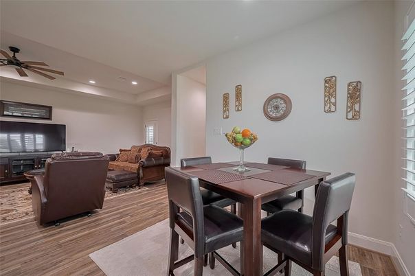 Dining room, Interior, Living room, Recessed Lighting, Wood Texture Flooring
