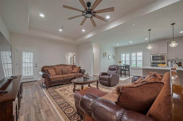 Dining room, Interior, Kitchen, Living room, Pendant Lights, Recessed Lighting, Stainless Steel Appliances, Wood Texture Flooring