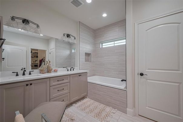 Bathroom, Dual Sink Vanities, Interior, Recessed Lighting, Wood Texture Flooring