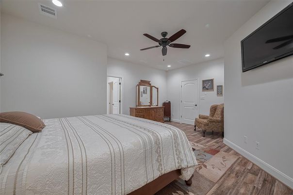 Bedroom, Interior, Recessed Lighting, Wood Texture Flooring