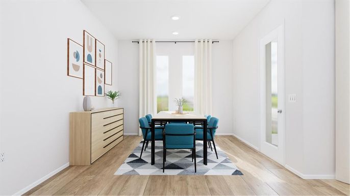 Dining room, Interior, Recessed Lighting, Wood Texture Flooring