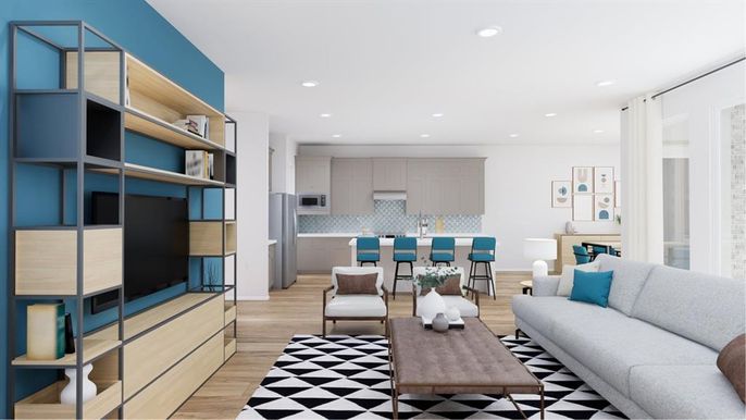 Dining room, Interior, Kitchen, Living room, Recessed Lighting, Wood Texture Flooring