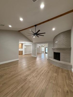 Empty room, Fireplace, Interior, Recessed Lighting, Wood Texture Flooring