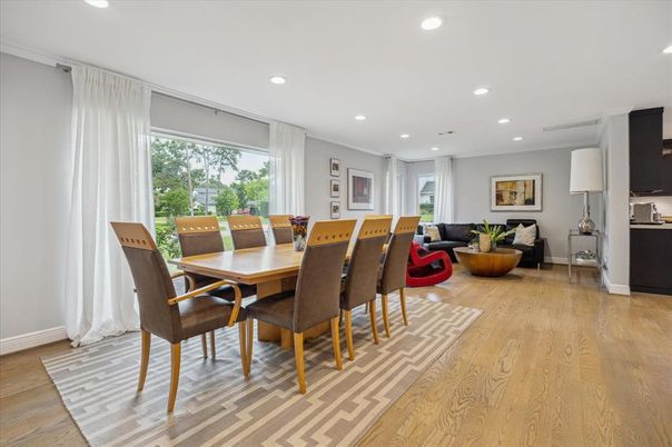Dining room, Interior, Recessed Lighting, Wood Texture Flooring