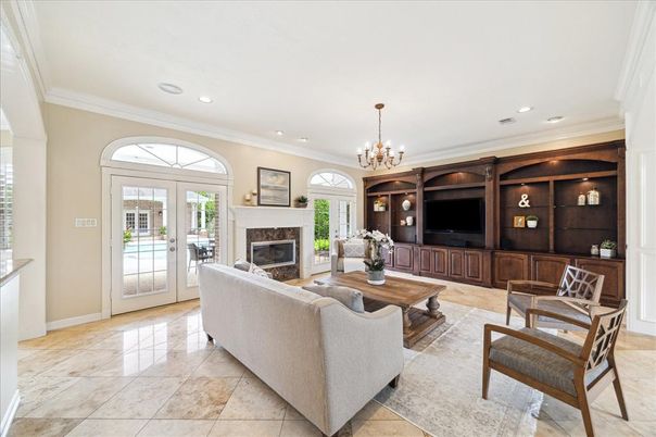 Chandelier, Fireplace, Interior, Living room, Recessed Lighting