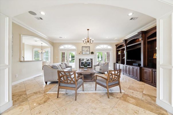 Chandelier, Fireplace, Interior, Living room, Recessed Lighting