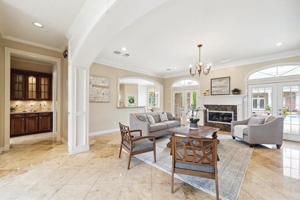Chandelier, Fireplace, Interior, Living room, Recessed Lighting