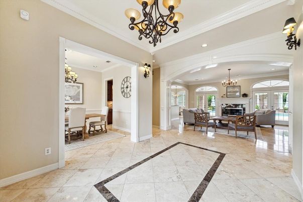 Chandelier, Dining room, Fireplace, Interior, Living room, Recessed Lighting
