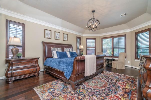 Bedroom, Chandelier, Interior, Pendant Lights, Wood Texture Flooring