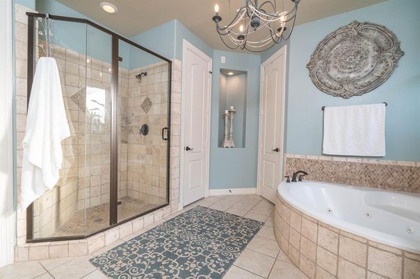 Bathroom, Chandelier, Glass Shower, Interior, Recessed Lighting