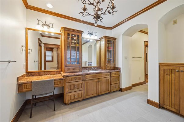 Bathroom, Chandelier, Dual Sink Vanities, Interior, Recessed Lighting