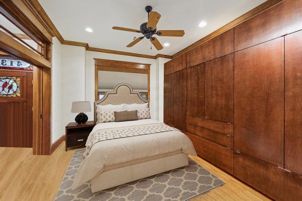 Bedroom, Interior, Recessed Lighting, Wood Texture Flooring