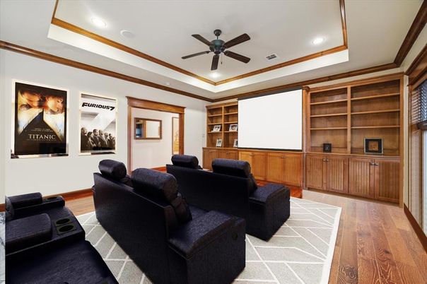 Interior, Projection Screen, Recessed Lighting, Theatre Room, Wood Texture Flooring