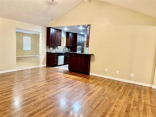 Empty room, Interior, Kitchen, Recessed Lighting, Wood Texture Flooring