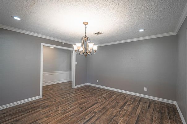 Chandelier, Empty room, Interior, Recessed Lighting, Wood Texture Flooring