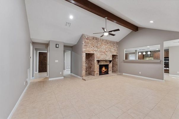 Empty room, Fireplace, Interior, Recessed Lighting, Stone Walls, Wooden Beams