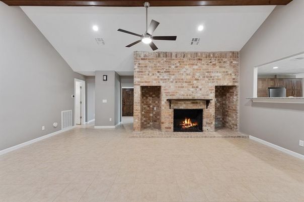 Fireplace, Interior, Recessed Lighting, Stone Walls