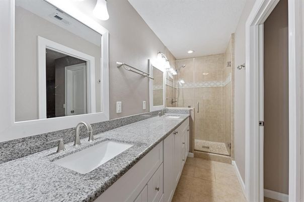 Bathroom, Dual Sink Vanities, Glass Shower, Interior, Recessed Lighting
