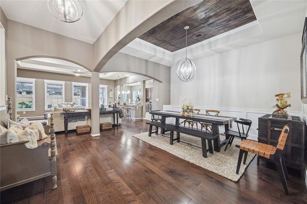 Chandelier, Dining room, Interior, Living room, Pendant Lights, Wooden Ceilings, Wood Texture Flooring