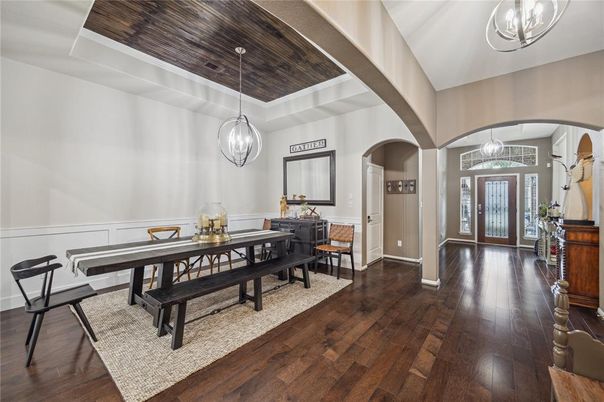 Dining room, Interior, Pendant Lights, Wooden Ceilings, Wood Texture Flooring