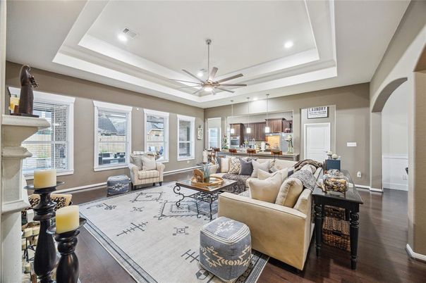 Interior, Living room, Pendant Lights, Recessed Lighting, Wood Texture Flooring